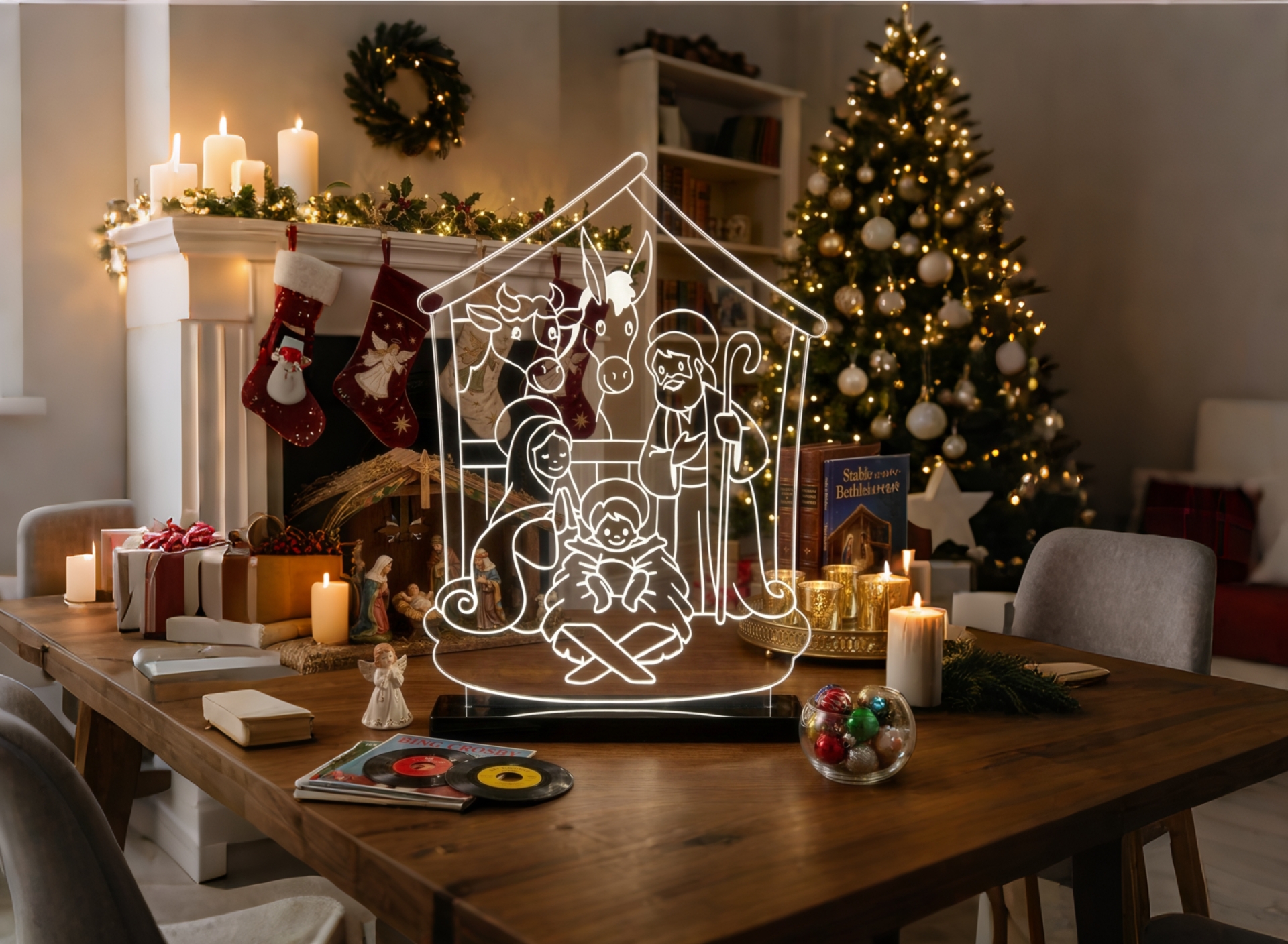 Luminária de Presépio de Natal em acrílico iluminado com LED