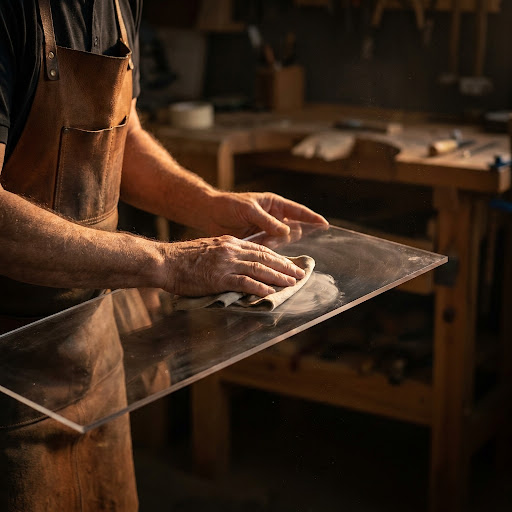 Artesão trabalhando o acrílico